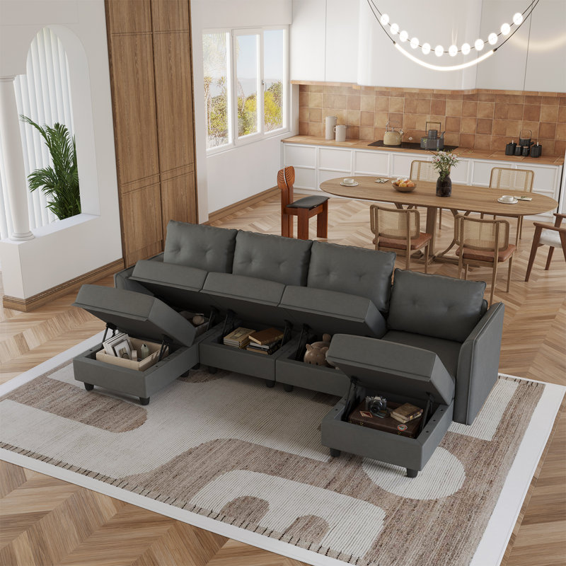 Tomario 6 - Piece Upholstered U-Shaped Modular Sectional With Storage, Gray Polyester