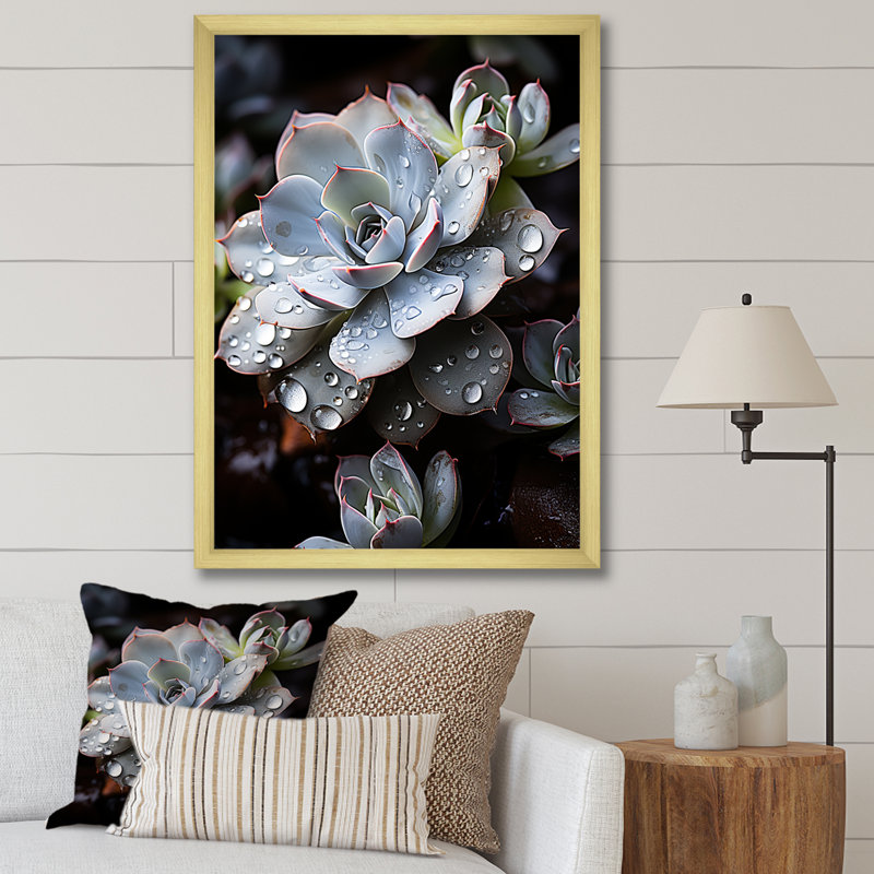 Bleu succulent explosion, Cadre doré simple, H 40 po x l 30 po x P 1,5 po