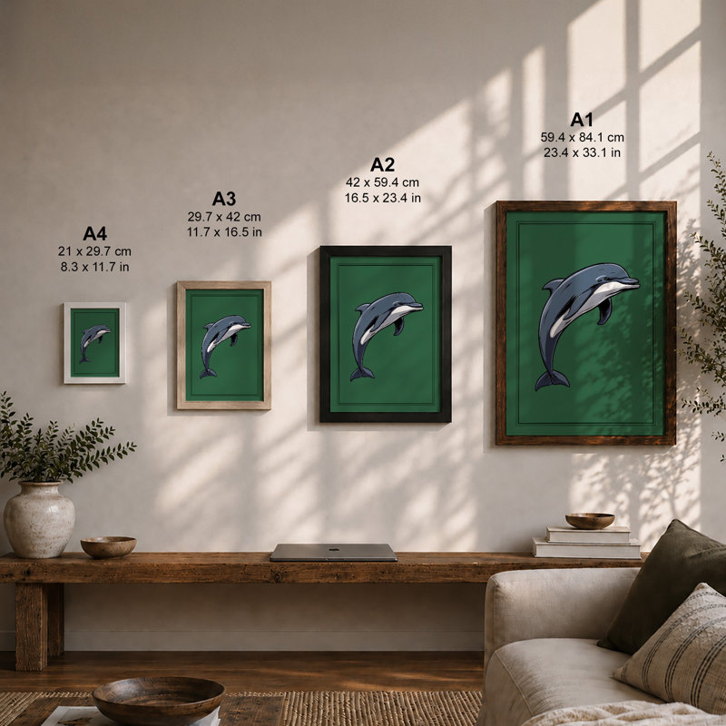 Leaping Dolphin Modern - Framed Print, Black, A3 - 42.0 x 29.7 cm