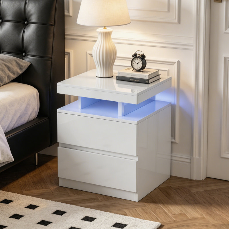 Table de chevet moderne à DEL avec station de charge, table de chevet ultrabrillante avec 2 tiroirs, table de bout élégante pour la chambre à coucher, blanc