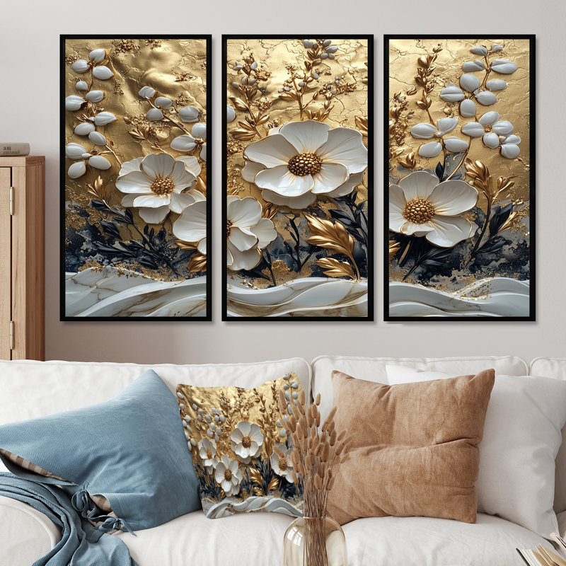 Fleurs blanches et dorées «Wildflowers» - art mural fleurs sauvages - ensemble de 3, H 28 po x l 36 po, Noir