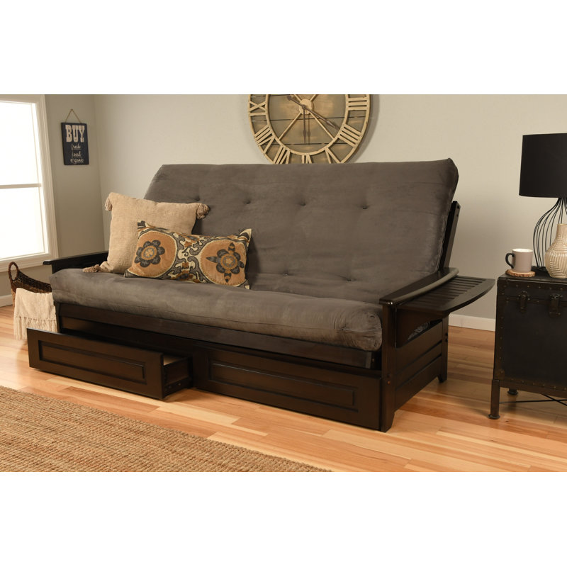 Stratford Queen 87'' Upholstered Futon And Mattress, Gray  Microsuede, Espresso