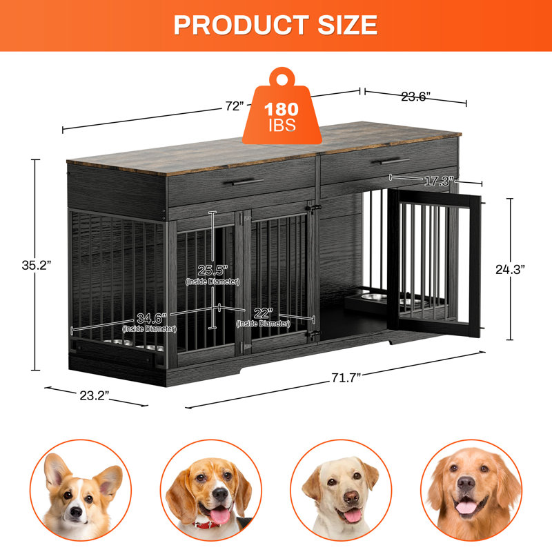 Meuble en bois pour cage de chien avec séparateur renforcé, 2 tiroirs et 2 bols pour chien., Noir / brun
