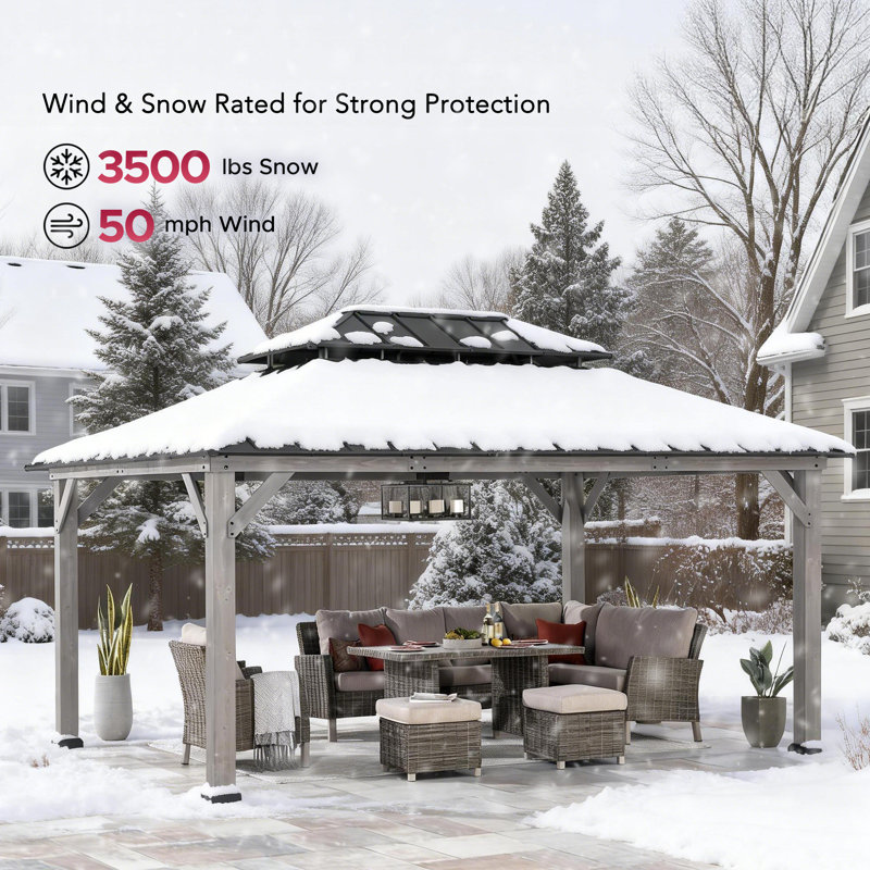 Sunjoy 12 ft. x 16 ft. Cedar Framed Gazebo with Steel Hardtop, Matte Black, Grey Cedar Wood