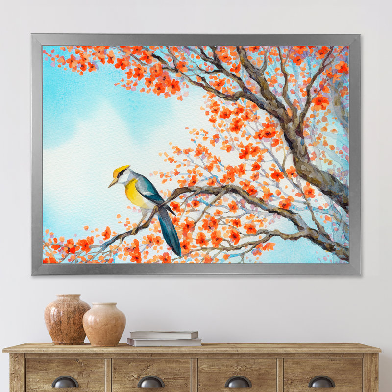 Magnifique oiseau orange sur une branche en fleurs - Peinture sur toile encadrée, H 12 po x l 20 po x p 1 po