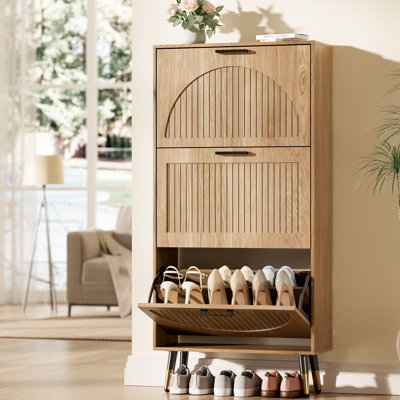 Armoire à chaussures en rotin avec 3 tiroirs rabattables et tablettes réglables, organisateur de chaussures étroit avec panneau cannelé, armoire à chaussures autoportante pour couloir