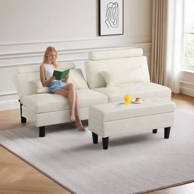 Canapé-lit convertible inclinable rembourré avec repose-pieds polyvalent et 2 coussins moelleux, Beige