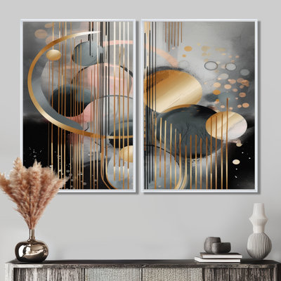 Abstrait formes et lignes III - art mural moderne doré 2 pièces