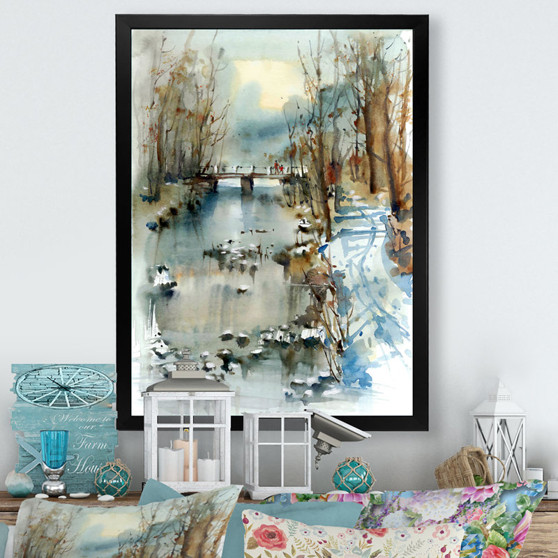 Pont blanc sur la rivière Winter - peinture, Cadre photo noir, H 20 po x l 12 po