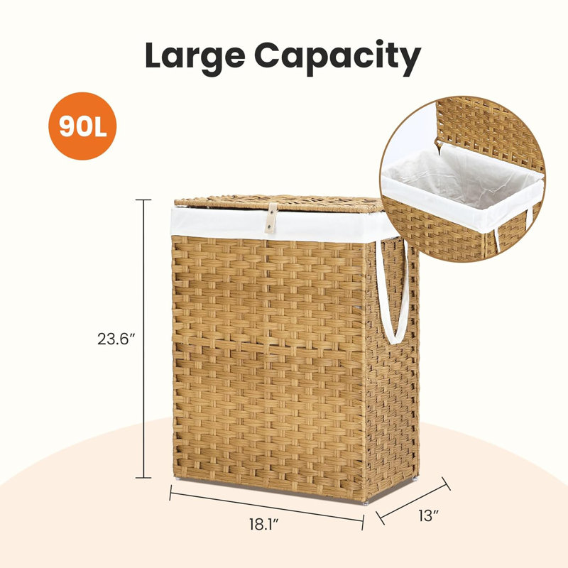 Panier à linge en rotin tissé 90L avec couvercle et doublure amovible, panier de rangement pliable en acier pour salle de bain