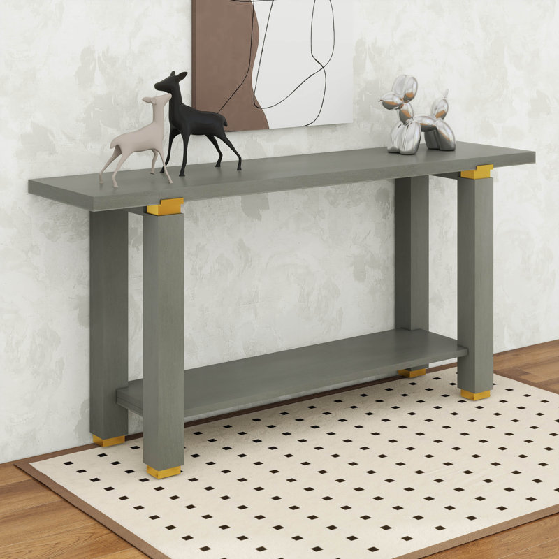Console d'entrée - Design minimaliste moderne avec détails géométriques en métal, tablette inférieure ouverte, Gris
