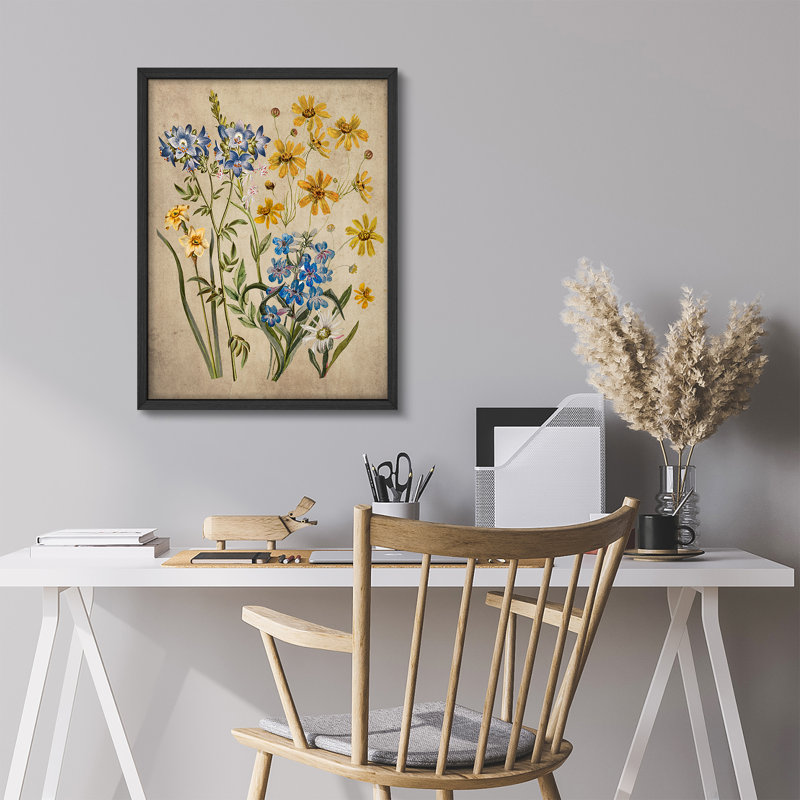 "Fleurs jaunes et bleues, œuvre d'art rustique, affiches encadrées, petit art mural de salle de bain", Blanc
