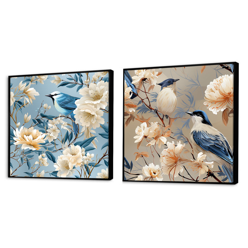 Marouane - Ensemble de 2 collages floraux carrés, Cadre flottant noir, H 30 po x l 61 po