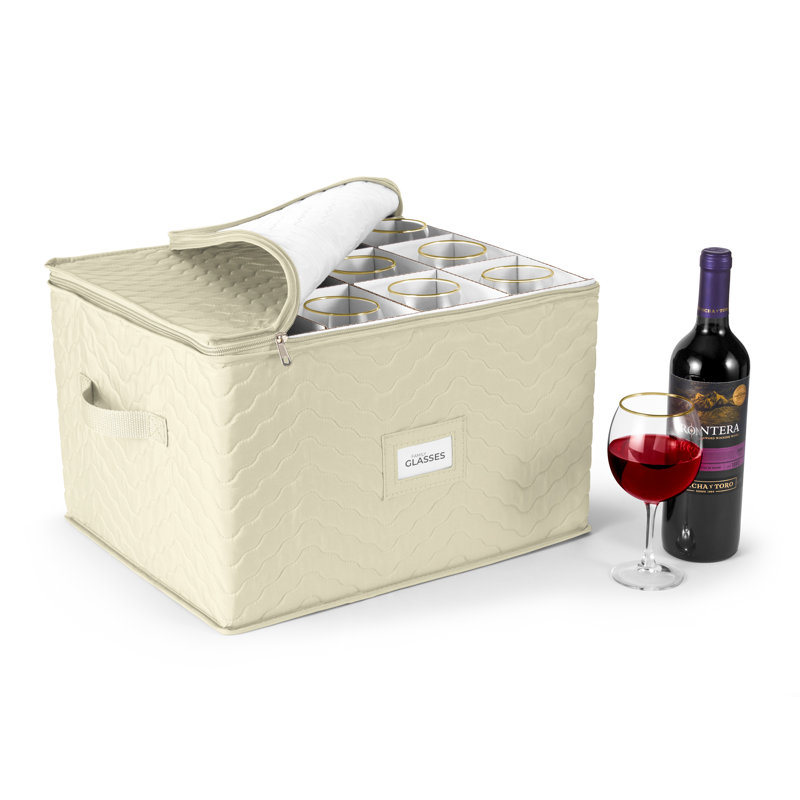 12 Glass Stemware Storage Quilted Case, Beige
