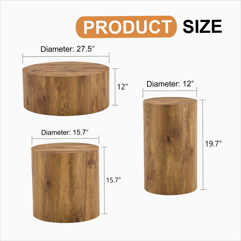 Modern Minimalist Set of Three Wood colour Cylinder Marble-Patterned MDF Living Room Table Sets.