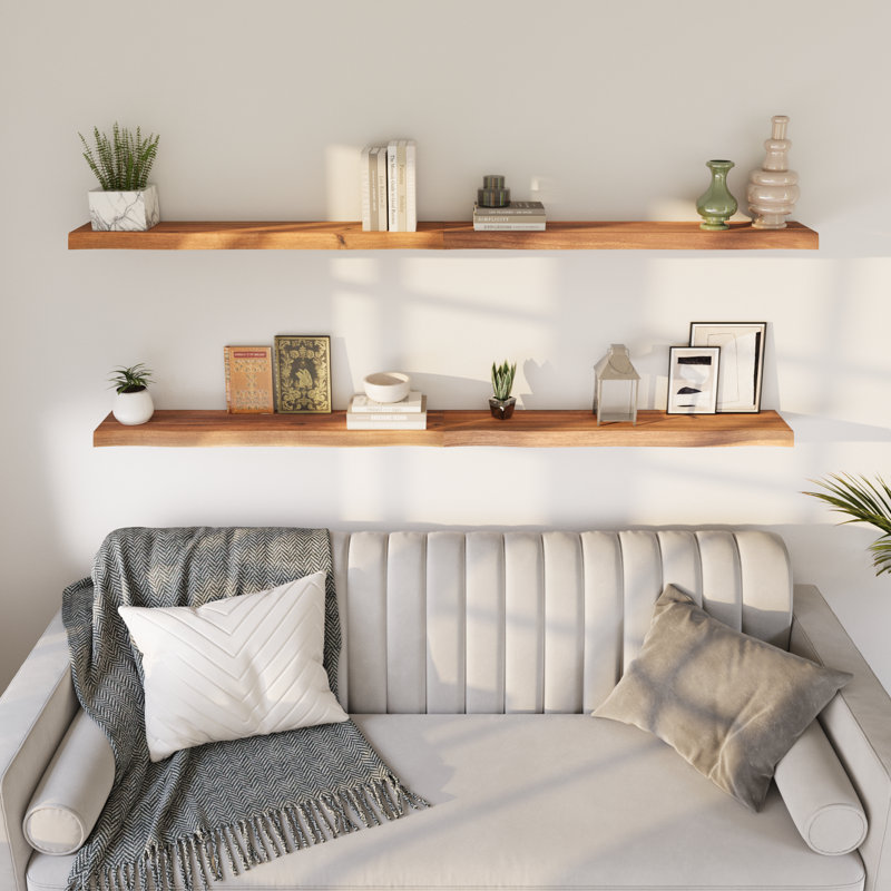 2 Pieces Acacia Solid Wood Live Edge Floating Shelves for Kitchen Wall Decor, Kitchen, Bathroom, Workspace, Teak look 36"x7.5"x1.5"
