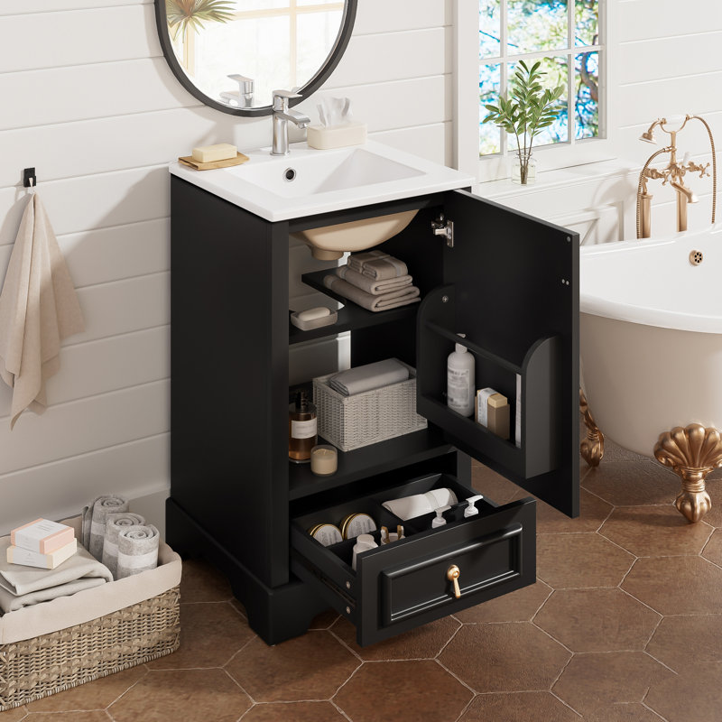 Meuble-lavabo simple de 20 po avec plateau en céramique, tablette ajustable en U et tiroir divisé, Noir