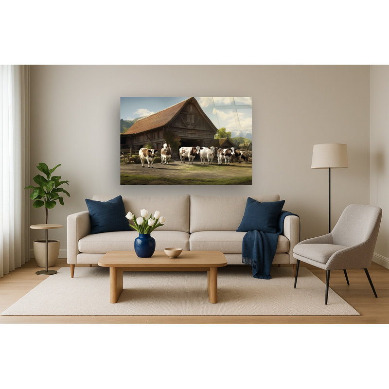 «Rustic Farm with Cows», art mural en verre trempé sans cadre - 40 po x 60 po
