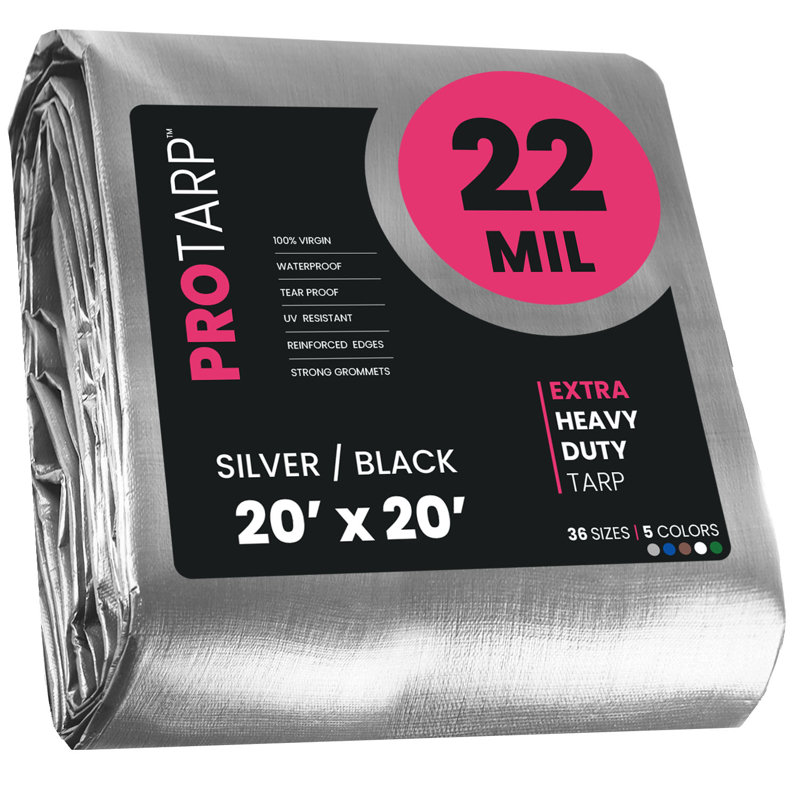 Toile en polyéthylène robuste de 20 pi x 20 pi 22 mil, imperméable et résistante aux rayons UV, Argent / noir