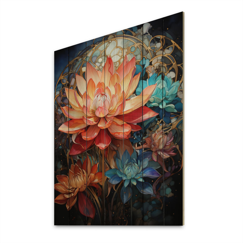 Mandala de lotus art bouddhiste orange turquoise sur bois, H 40 po x l 30 po x P 0,78 po