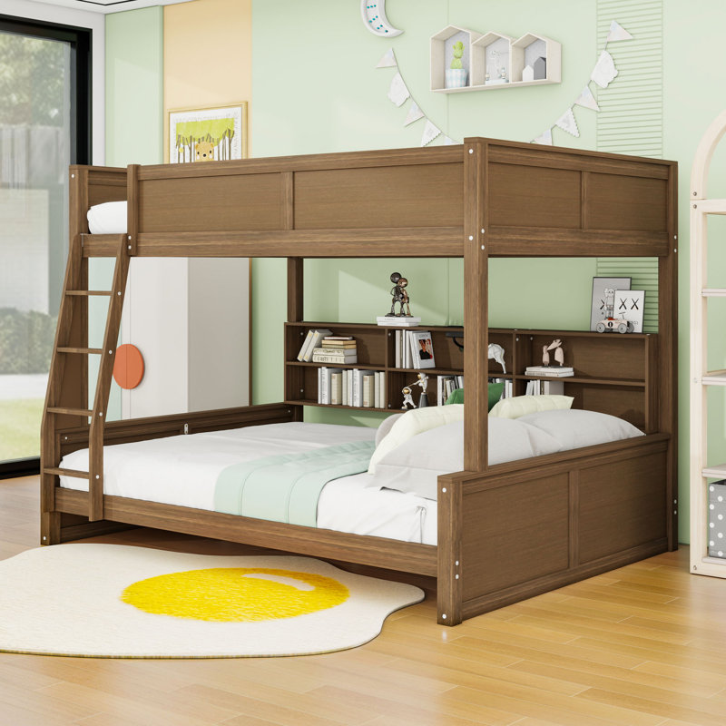 Lit superposé en bois avec tablettes de rangement et ports USB, Double TG sur grand, Couleur de bois antique