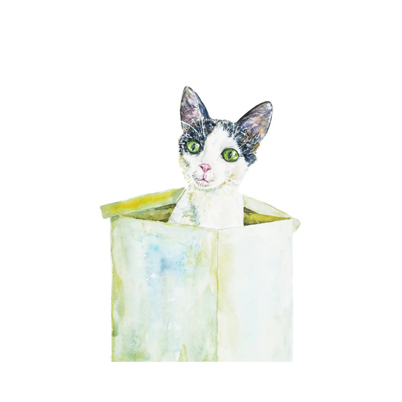 Drôle de chat dans la boîte par Alexey Dmitetchich Shmyrov - peinture sur toile tendue, H 12 po x l 8 po x P 0,75 po