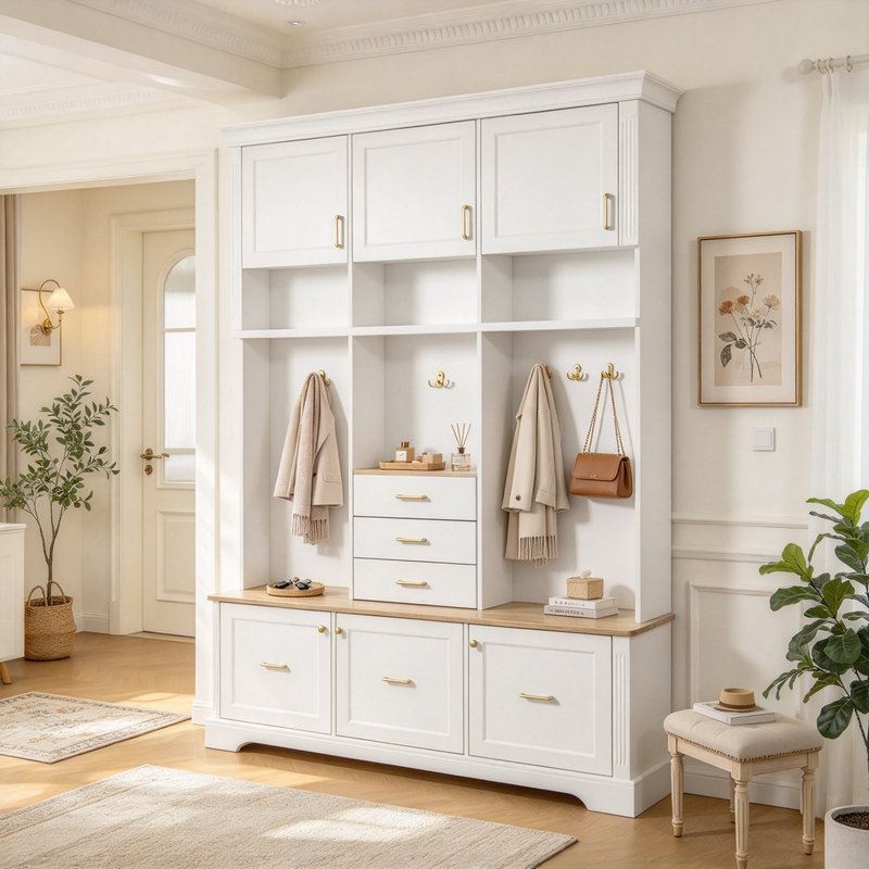 Porte-manteau moderne 5 en 1 de 190 cm de hauteur, avec rangements multiples : porte-manteau, 6 tiroirs, 3 placards et 3 étagères. Parfait pour l'entrée, le salon et le vestibule.