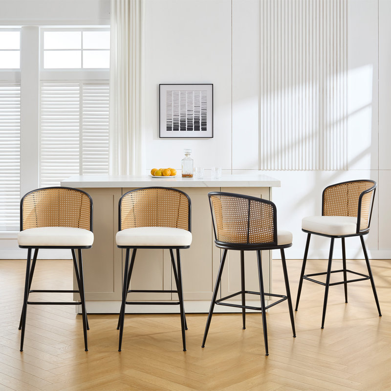 Cane Back Upholstered Stool, White, Bar Stool (29" Seat Height), 4
