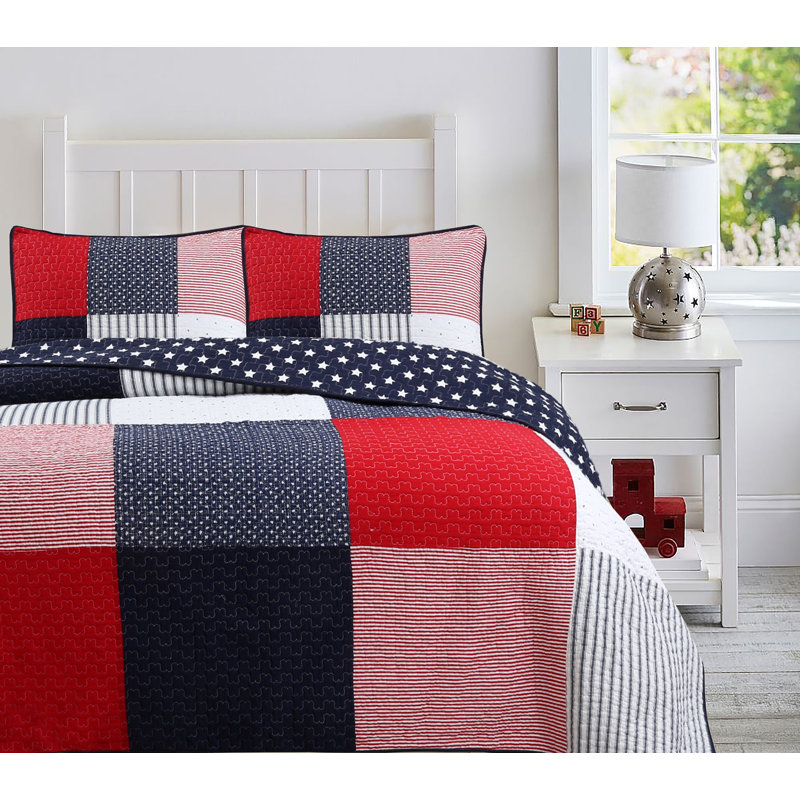  Ensemble de courtepointe réversible en coton rouge / bleu / noir 2 pièces, Courtepointe pour lit simple + 1 taie décorative