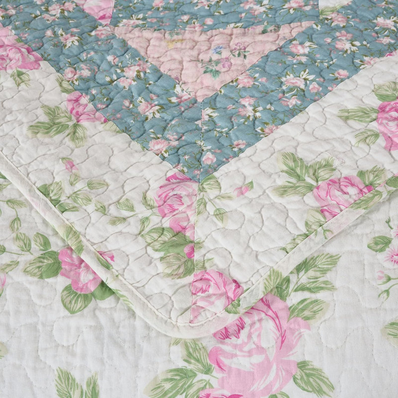 Gayle Cotton Patchwork Quilted Throw, Blue/Ivory/Pink Patchwork