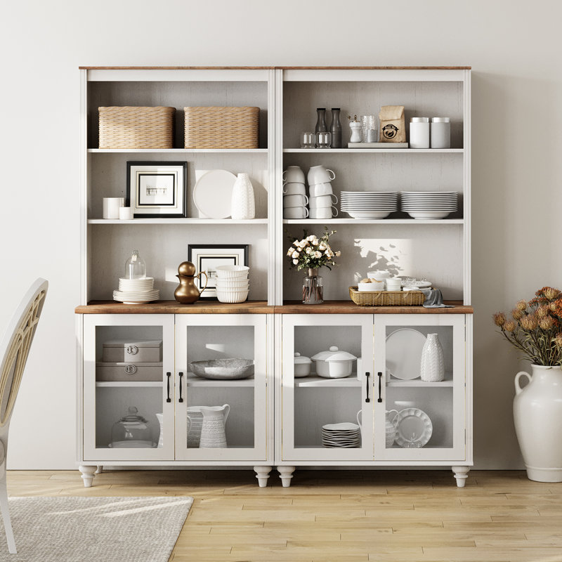 Buffet avec huche à bar, buffet avec portes en verre et tablette à 3 niveaux, 68 po, Blanc