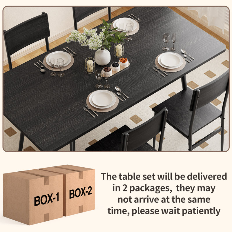 Deyton Modern 7-Piece Rectangular Expandable Dining Set with Wood Chairs, 63'' Table, Black