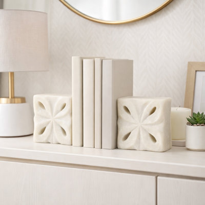Decorative Square Flower Design Bookends For Home Decor - Modern Shelf Book Ends Accent, Office Desk Styling, Or Bookshelf Decor - White