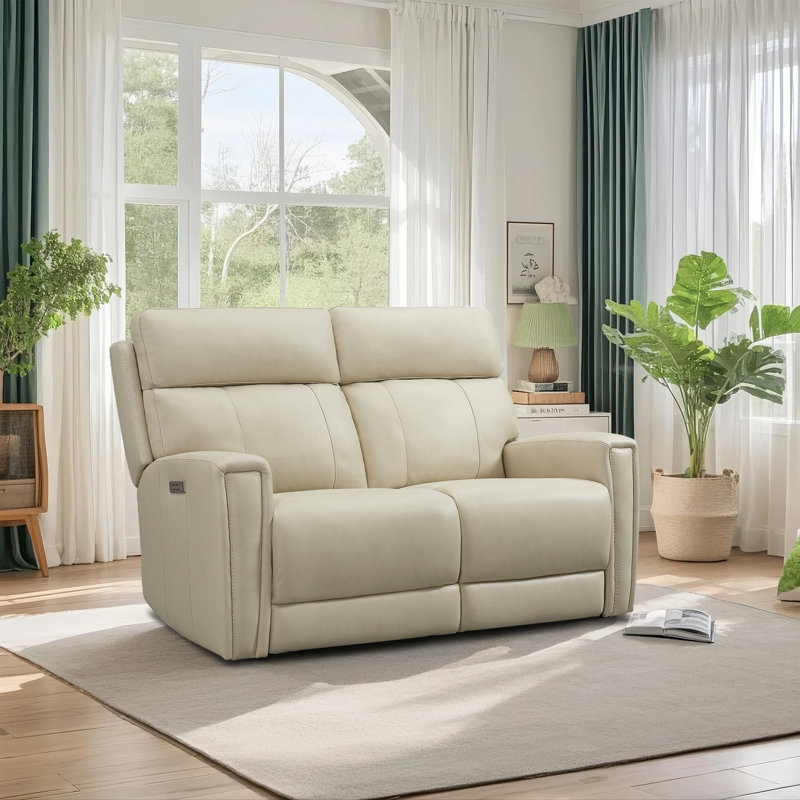 Causeuse inclinable en cuir véritable Rumalda avec gravité zéro, ports USB / USB-C et appui-tête réglable, Beige