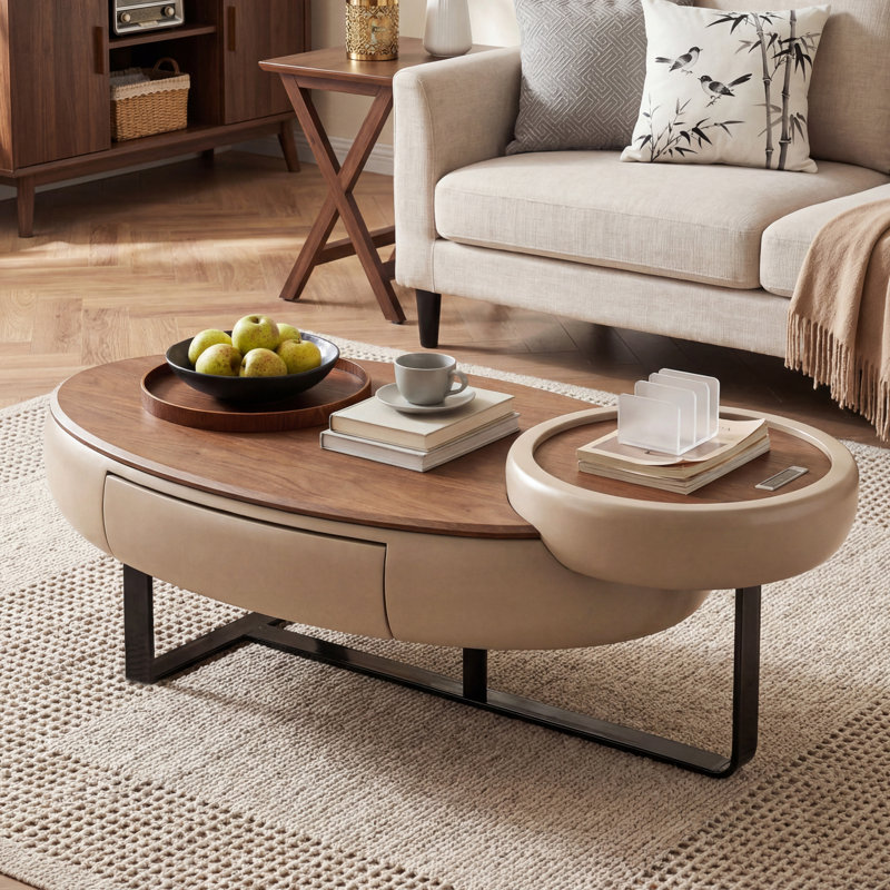 Modern Curved Walnut Veneer Coffee Table (With Detachable Side Tray & Storage Drawer)
