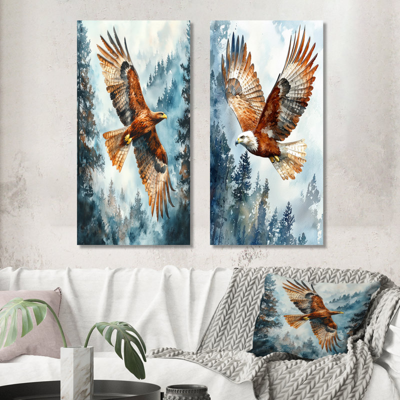 Aigle brun en vol I - animaux, art mural 2 pièces, H 28 po x l 25 po, Toile tendue