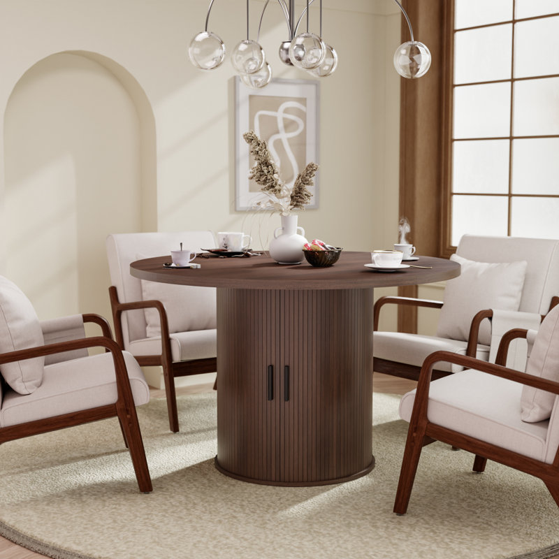 48"W Round Dining Table Seats 6, With Storage, Walnut