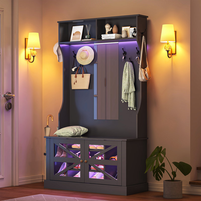 Darroll With Bench And Shoe Storage, 7-in-1 Entryway Bench With Coat Rack, Darroll With Mirror & Sensor Light & Umbrella Holders