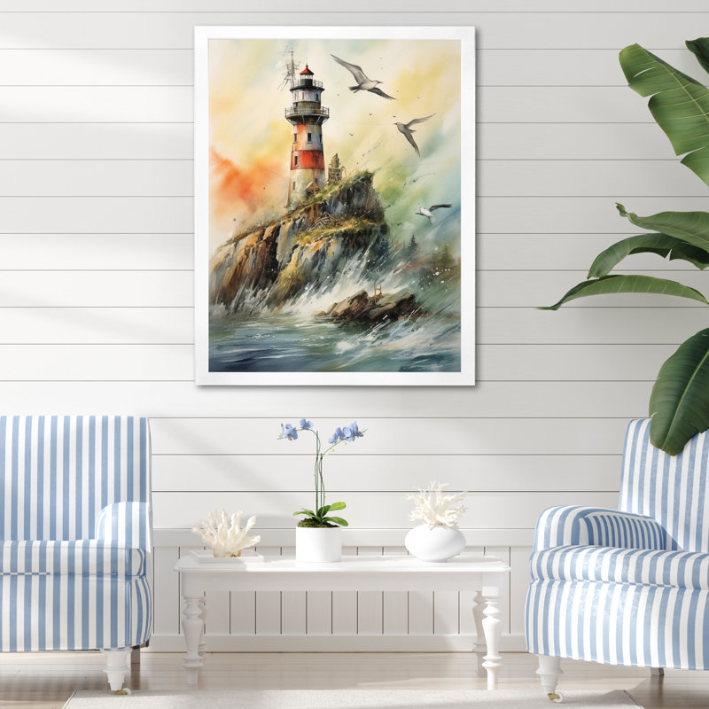 Océan tour de guet V sur toile, Cadre simple blanc, H 32 po x l 16 po x P 1 po