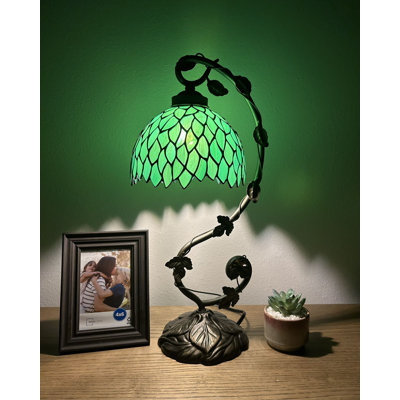Simonson Tiffany Table Lamp Green Stained Glass Green Leaves Iron Metal Leaves 11"W*8"D* 21" H