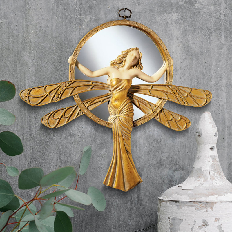 Art Deco Dragonfly Maiden 13" Gold and Ivory Round Wall Mirror