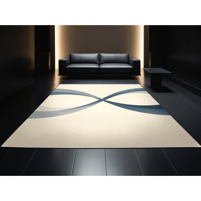 Machine Washable Paizley Infinity Symbol Minimalist Rug in Beige – Navy Binding, 8x10