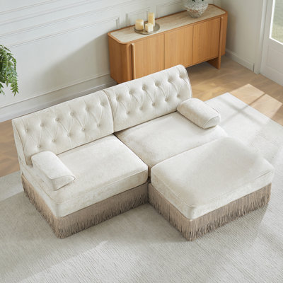 Canapé en L en tissu de velours respirant avec jupe à pampilles, style Chesterfield, combinaison libre, accoudoirs carrés légèrement incurvés, base en bois de qualité supérieure, facile à assembler