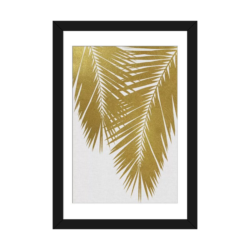 « palm leaf ii », reproduction d’impression sur toile dorée, H 32 po x l 24 po x P 1 po, Papier d'art encadré noir, Blanc