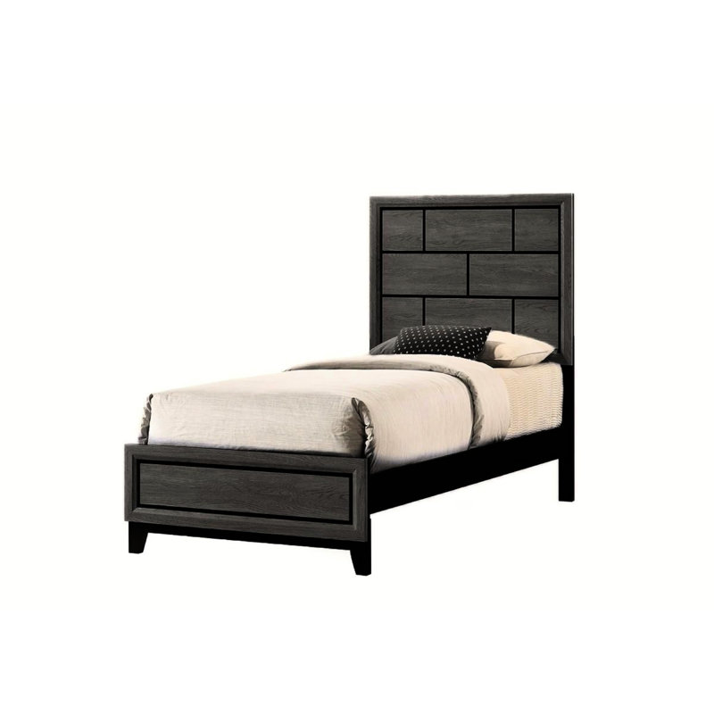 Lit simple à profil bas gris avec bureau géométrique pour chambre à coucher contemporaine - pièce en bois robuste