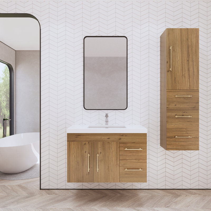 Blandon 35" Wall-Mounted Single Bathroom Vanity Set, Natural Oak