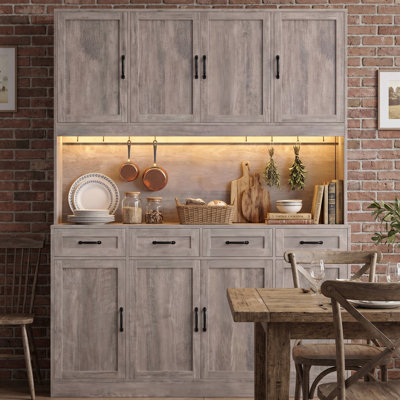 73.2"H x 59.2"W Wood Kitchen Pantry Cabinet with Adjustable Shelves, LED Lights and Power Outlets