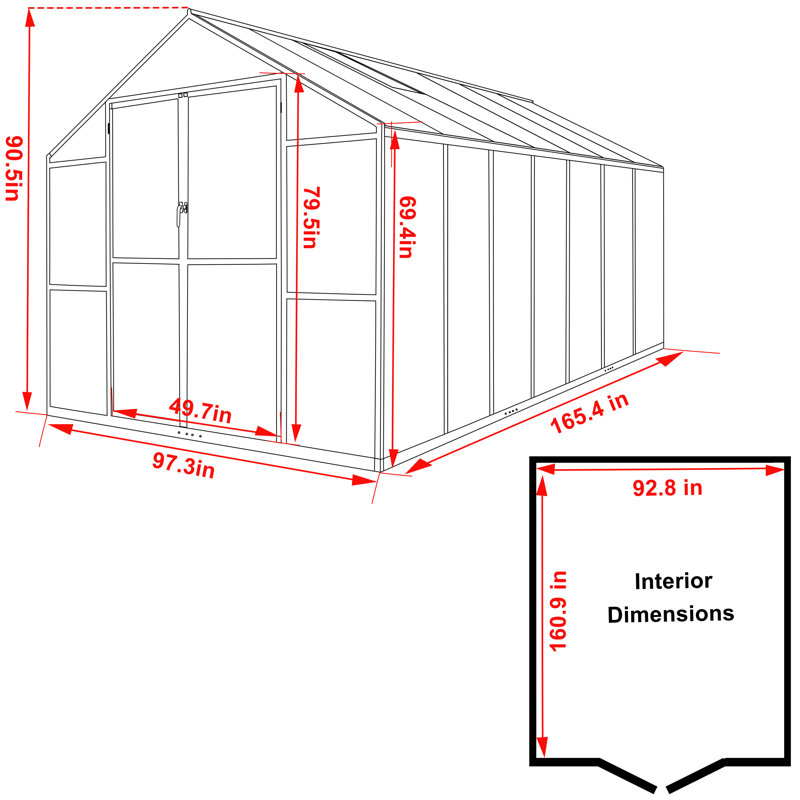 Aluminum Polycarbonate Greenhouse for Outdoor, 90.5" H x 96" W x 168" D, Gray