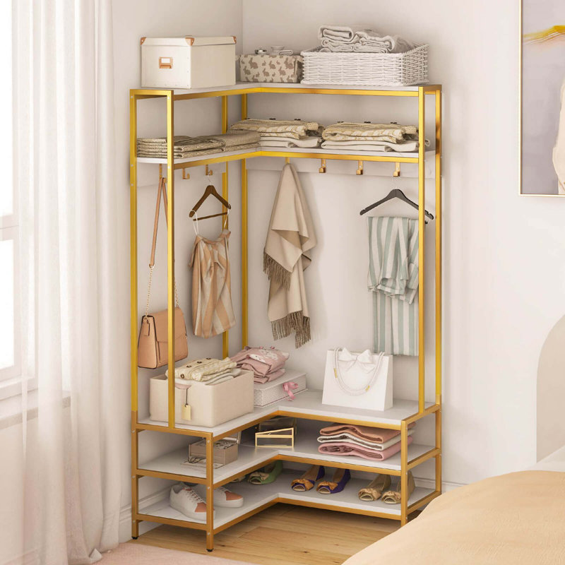 Corner Garment Rack L-shaped Clothes Rack With Open Shelves & Adjustable Foot Pads White