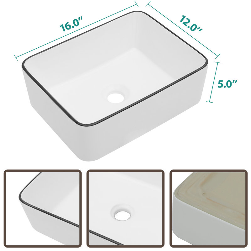 MONSFEST 12'' Ceramic Rectangular Bathroom Sink, Black